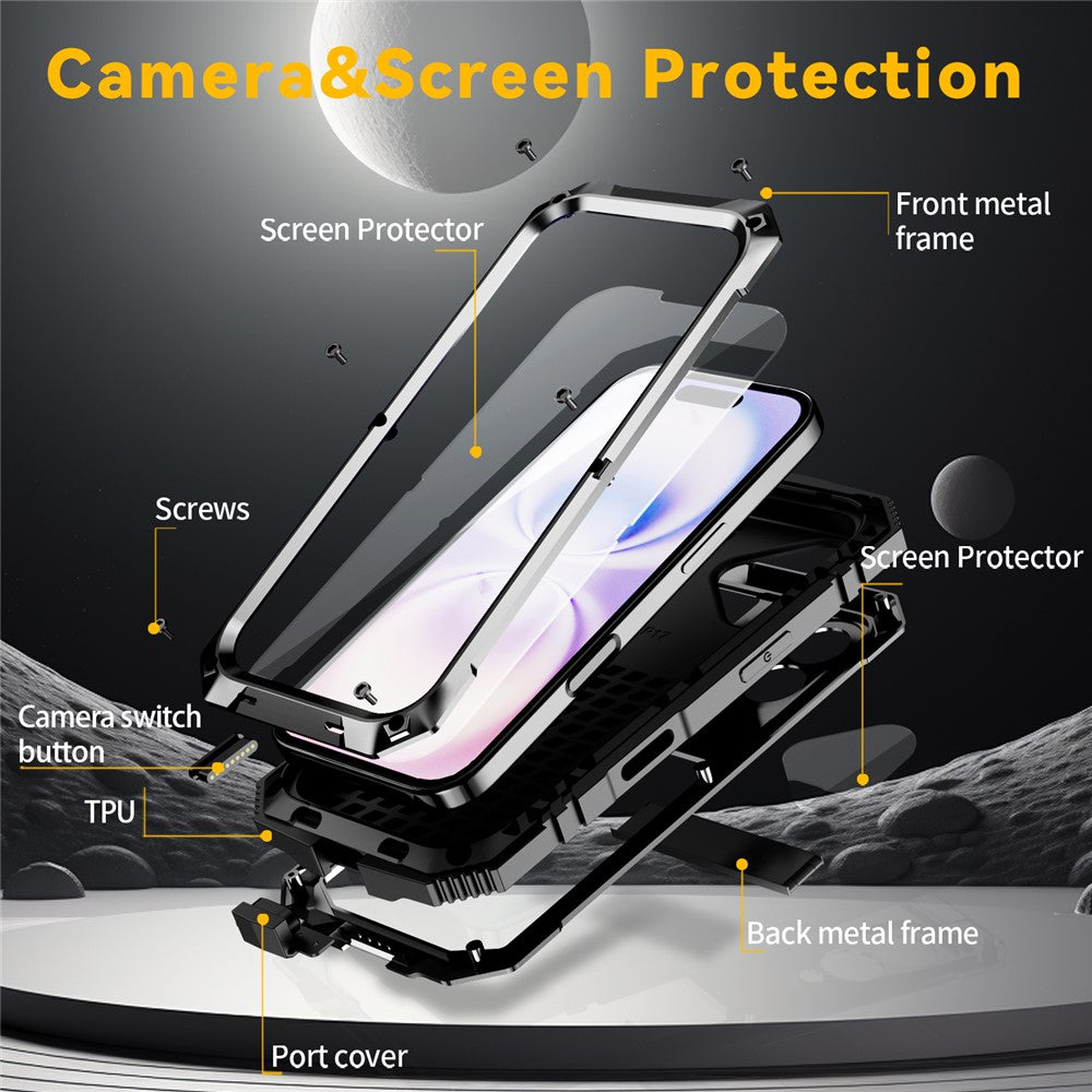 R-JUST til iPhone 17 Cover PC + Silikone + Metal Støttefod Telefoncover med Hærdet Glasfilm