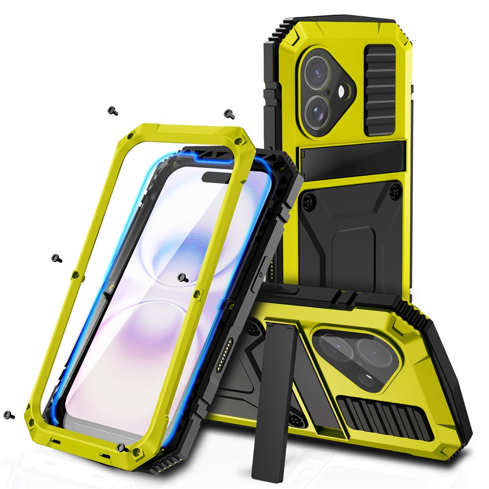 R-JUST til iPhone 17 Cover PC + Silikone + Metal Støttefod Telefoncover med Hærdet Glasfilm