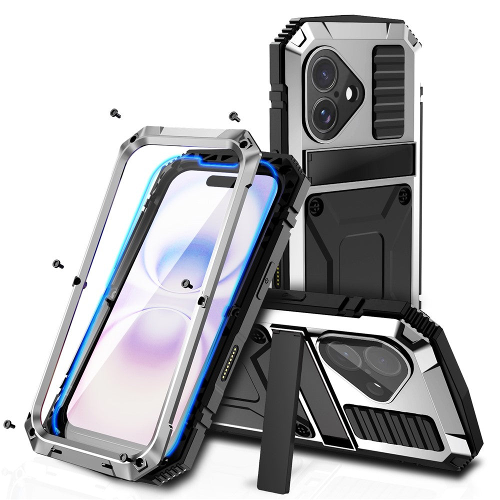 R-JUST til iPhone 17 Cover PC + Silikone + Metal Støttefod Telefoncover med Hærdet Glasfilm