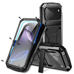 R-JUST For iPhone 18 Pro / 17 Pro Case PC + Silicone + Metal Kickstand Phone Cover with Tempered Glass Film