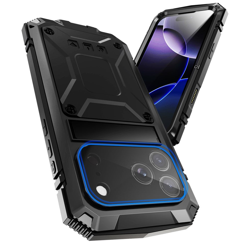 R-JUST For iPhone 18 Pro / 17 Pro Case PC + Silicone + Metal Kickstand Phone Cover with Tempered Glass Film