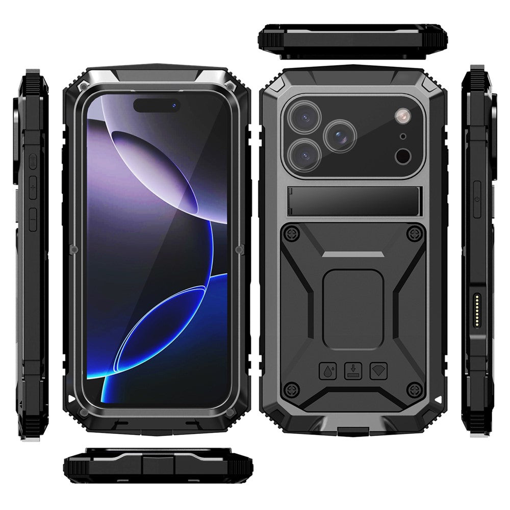 R-JUST For iPhone 18 Pro / 17 Pro Case PC + Silicone + Metal Kickstand Phone Cover with Tempered Glass Film
