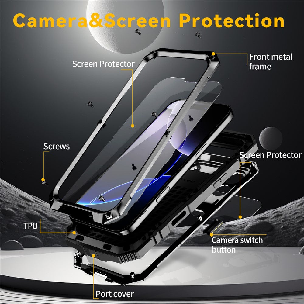 R-JUST For iPhone 18 Pro / 17 Pro Case PC + Silicone + Metal Kickstand Phone Cover with Tempered Glass Film