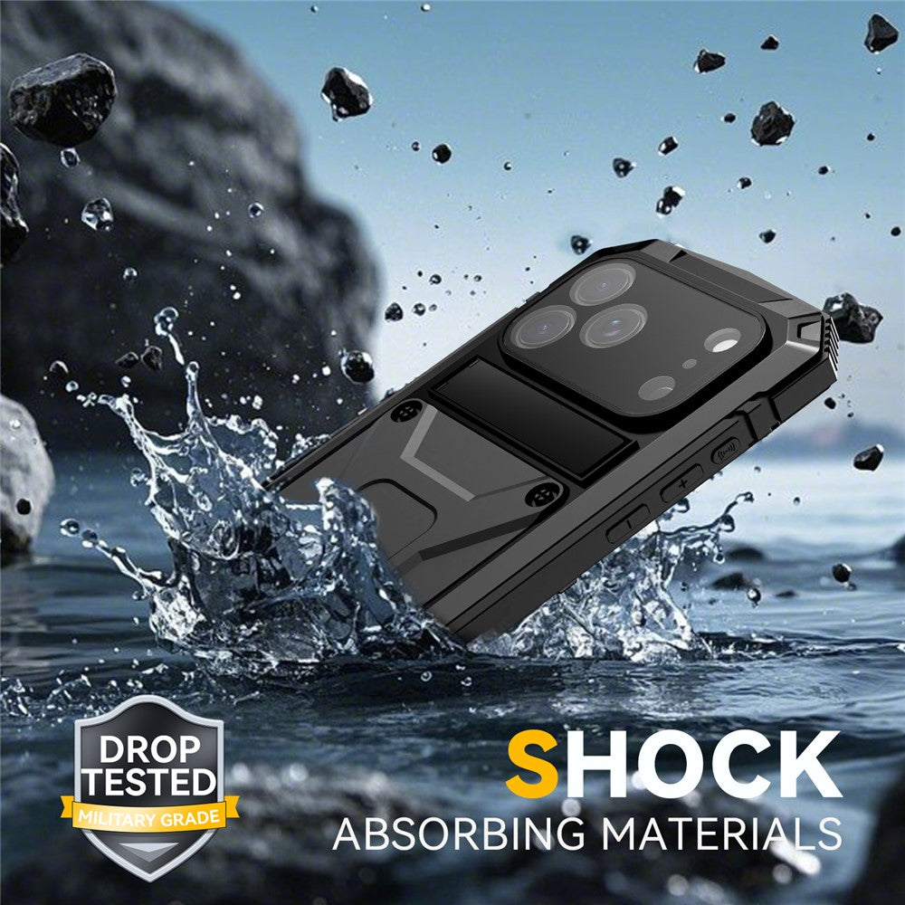 R-JUST For iPhone 18 Pro / 17 Pro Case PC + Silicone + Metal Kickstand Phone Cover with Tempered Glass Film