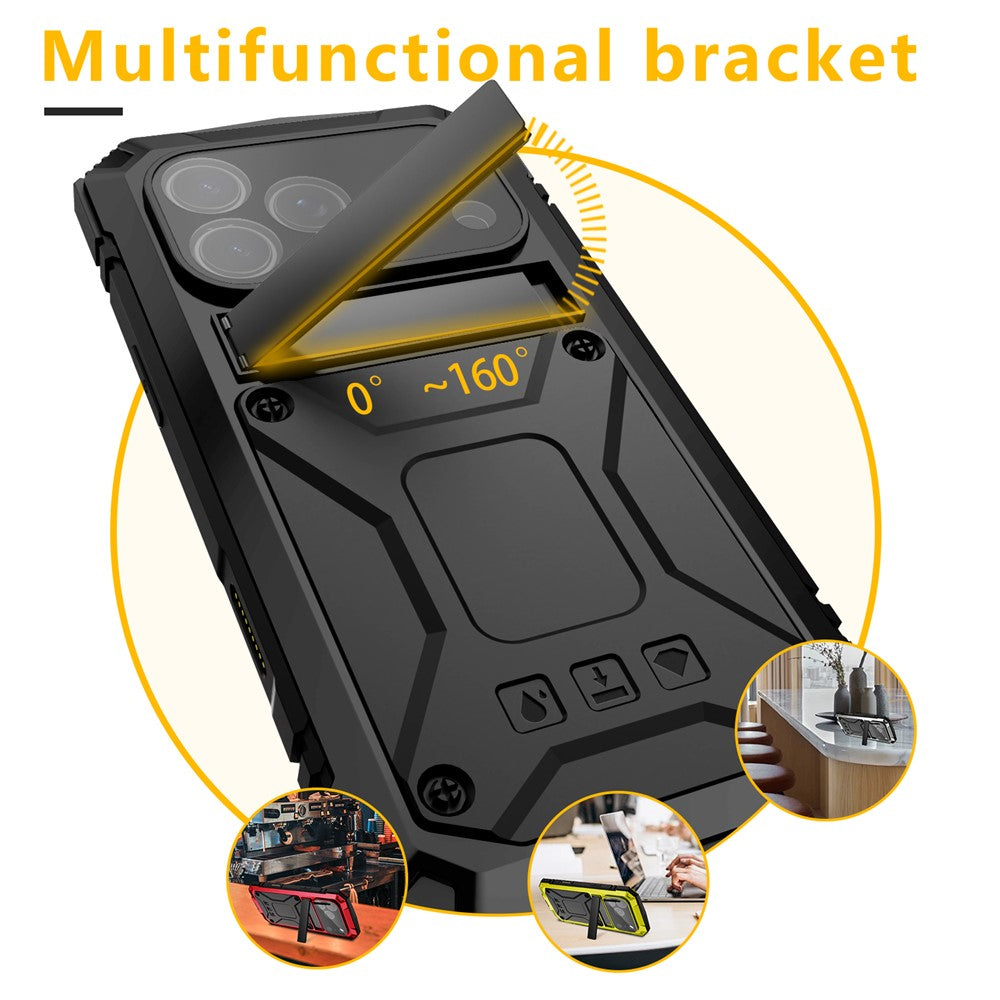 R-JUST For iPhone 18 Pro / 17 Pro Case PC + Silicone + Metal Kickstand Phone Cover with Tempered Glass Film