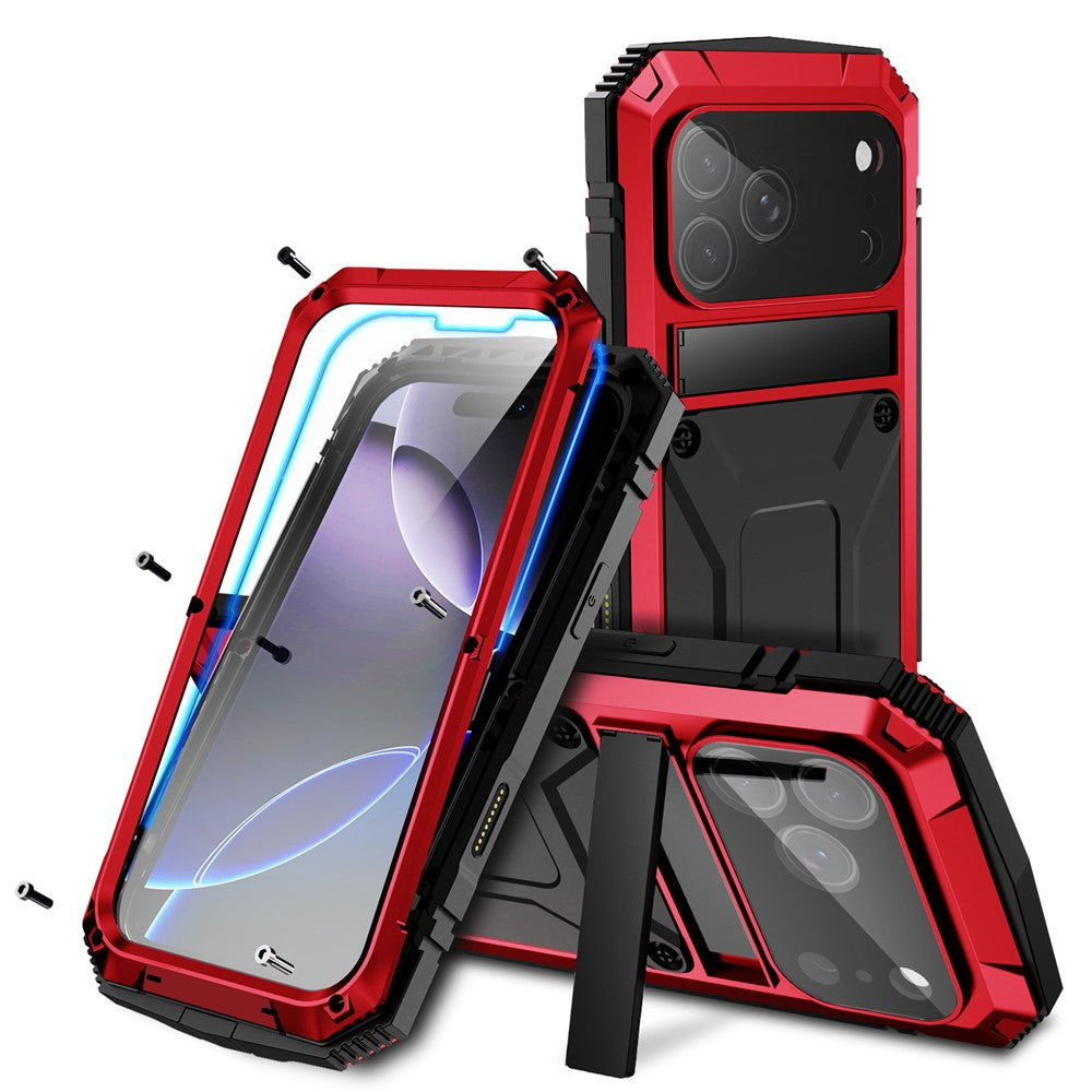 R-JUST For iPhone 18 Pro / 17 Pro Case PC + Silicone + Metal Kickstand Phone Cover with Tempered Glass Film