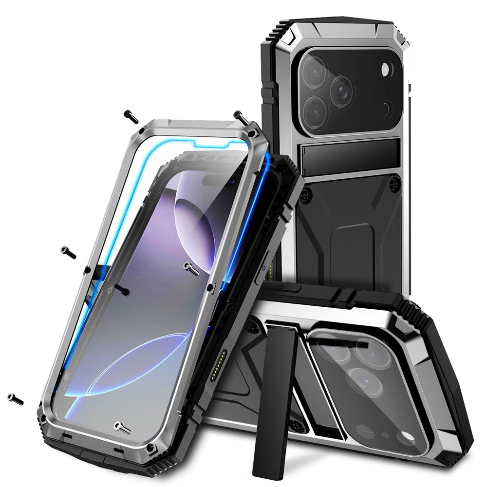 R-JUST For iPhone 18 Pro / 17 Pro Case PC + Silicone + Metal Kickstand Phone Cover with Tempered Glass Film