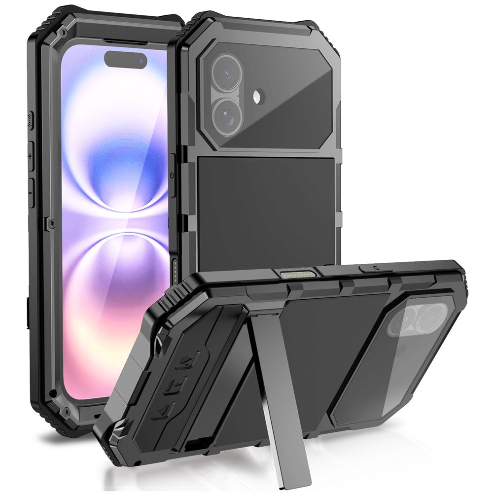 R-JUST til iPhone 17 cover PC + Silikone + Metal Kickstand Telefoncover med skærmbeskyttelsesfilm af hærdet glas
