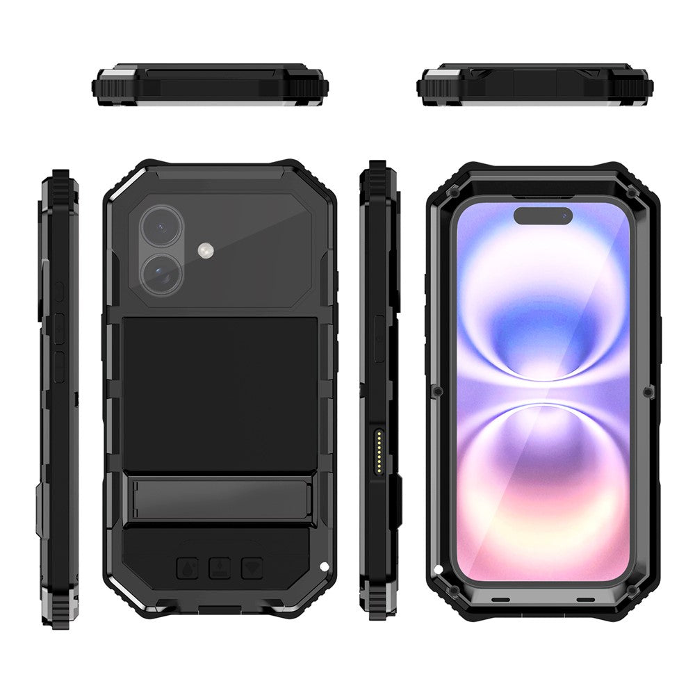 R-JUST til iPhone 17 cover PC + Silikone + Metal Kickstand Telefoncover med skærmbeskyttelsesfilm af hærdet glas