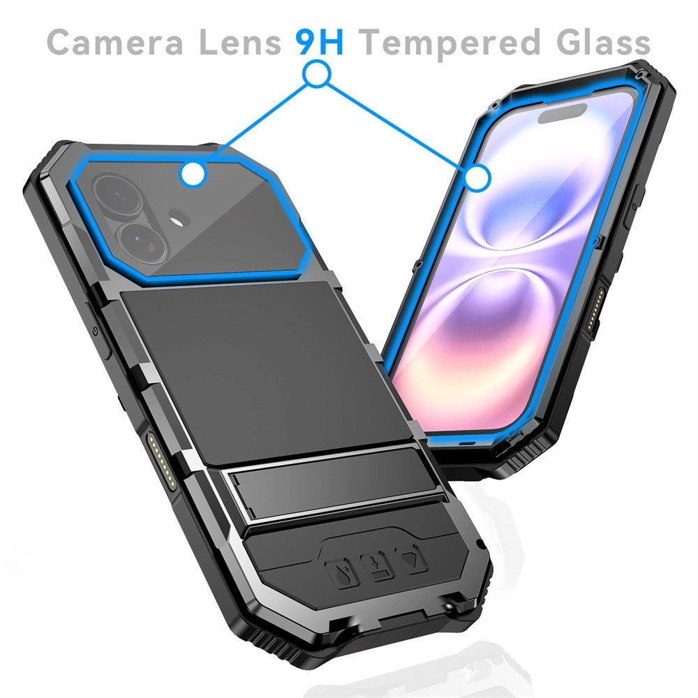 R-JUST til iPhone 17 cover PC + Silikone + Metal Kickstand Telefoncover med skærmbeskyttelsesfilm af hærdet glas