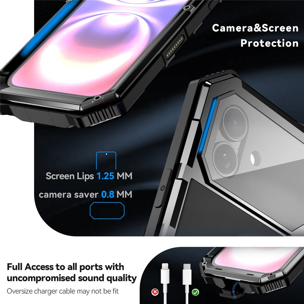 R-JUST til iPhone 17 cover PC + Silikone + Metal Kickstand Telefoncover med skærmbeskyttelsesfilm af hærdet glas