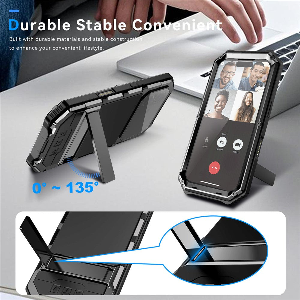 R-JUST til iPhone 17 cover PC + Silikone + Metal Kickstand Telefoncover med skærmbeskyttelsesfilm af hærdet glas