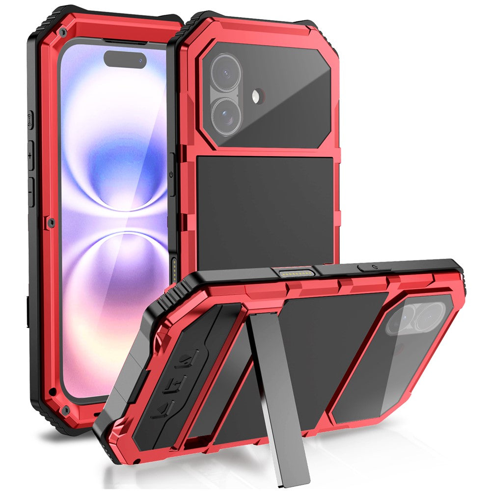 R-JUST til iPhone 17 cover PC + Silikone + Metal Kickstand Telefoncover med skærmbeskyttelsesfilm af hærdet glas