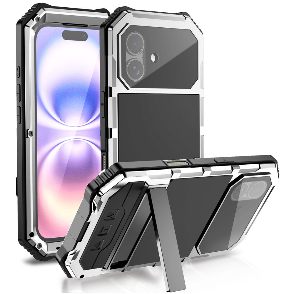 R-JUST til iPhone 17 cover PC + Silikone + Metal Kickstand Telefoncover med skærmbeskyttelsesfilm af hærdet glas