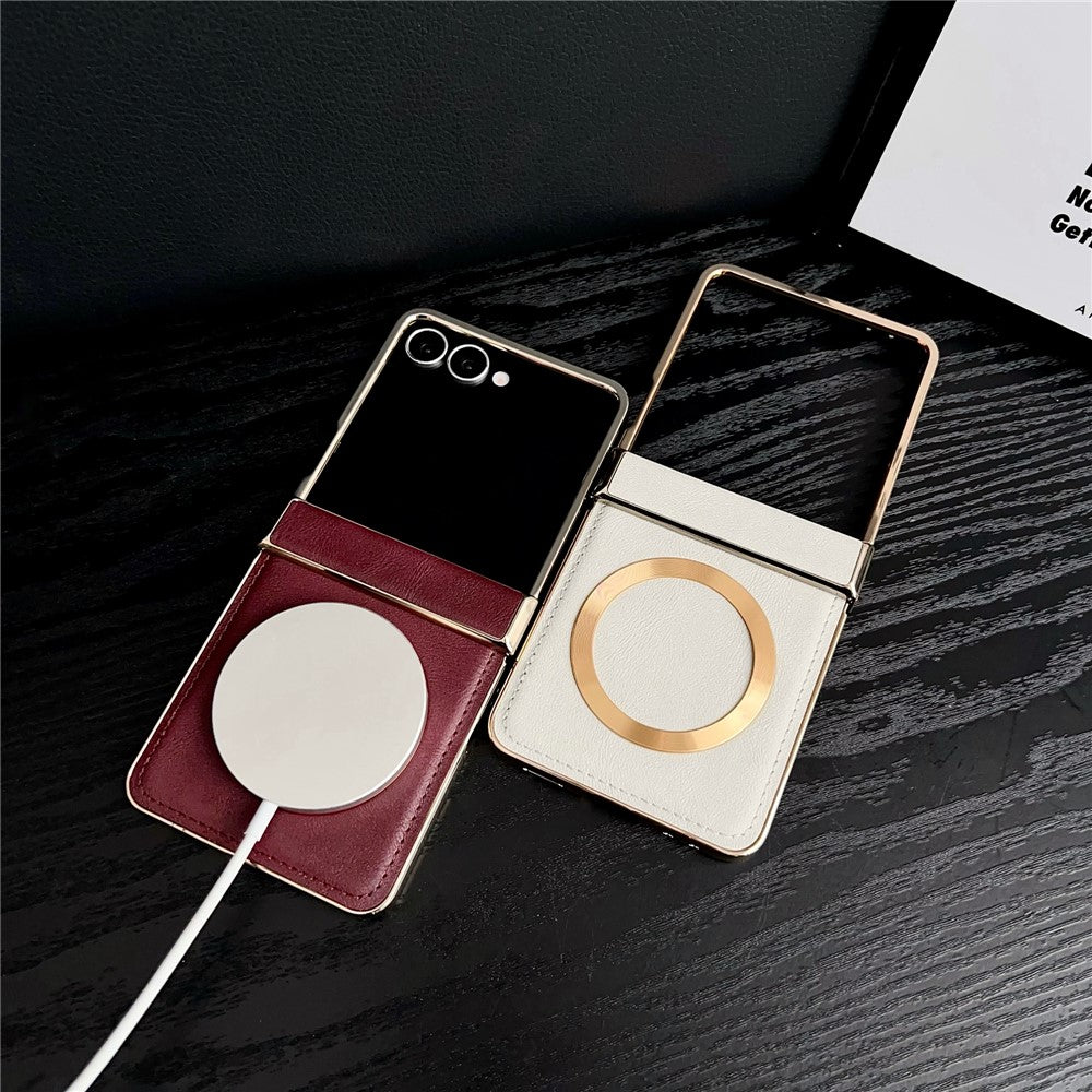 For Samsung Galaxy Z Flip7 5G Magnetic Case Leather + PC Electroplated Folding Phone Cover