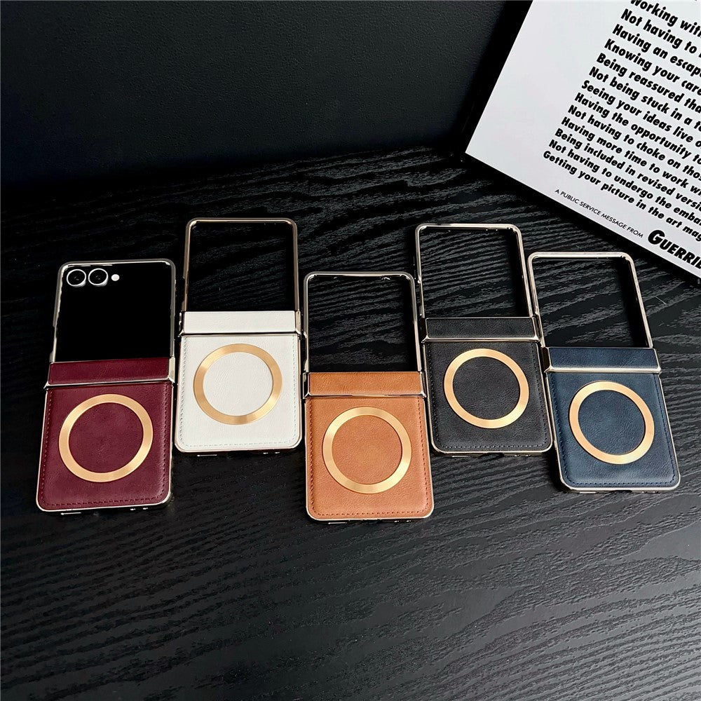 For Samsung Galaxy Z Flip7 5G Magnetic Case Leather + PC Electroplated Folding Phone Cover