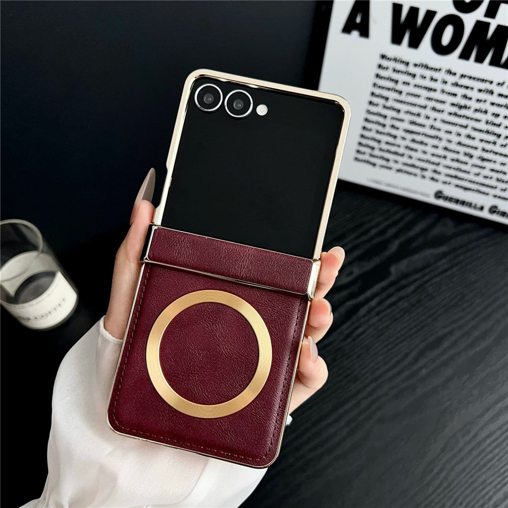 For Samsung Galaxy Z Flip7 5G Magnetic Case Leather + PC Electroplated Folding Phone Cover