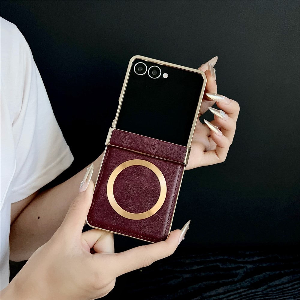 For Samsung Galaxy Z Flip7 5G Magnetic Case Leather + PC Electroplated Folding Phone Cover