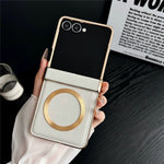 For Samsung Galaxy Z Flip7 5G Magnetic Case Leather + PC Electroplated Folding Phone Cover