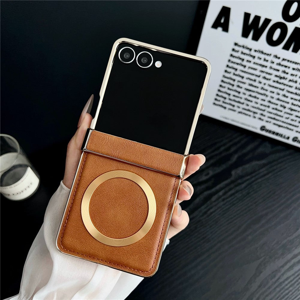 For Samsung Galaxy Z Flip7 5G Magnetic Case Leather + PC Electroplated Folding Phone Cover
