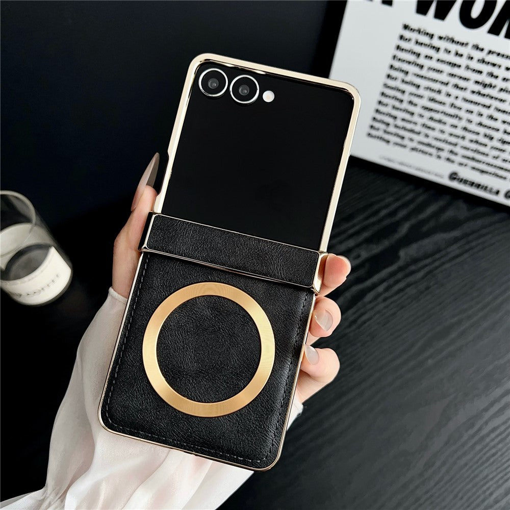 For Samsung Galaxy Z Flip7 5G Magnetic Case Leather + PC Electroplated Folding Phone Cover