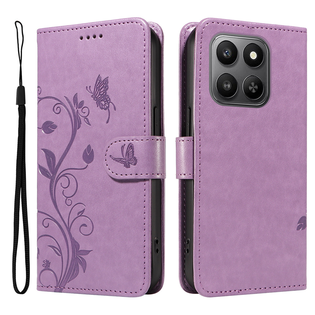 For Honor 400 Smart 4G PU Leather Cases Flower Pattern Wallet Stand Phone Cover with Strap