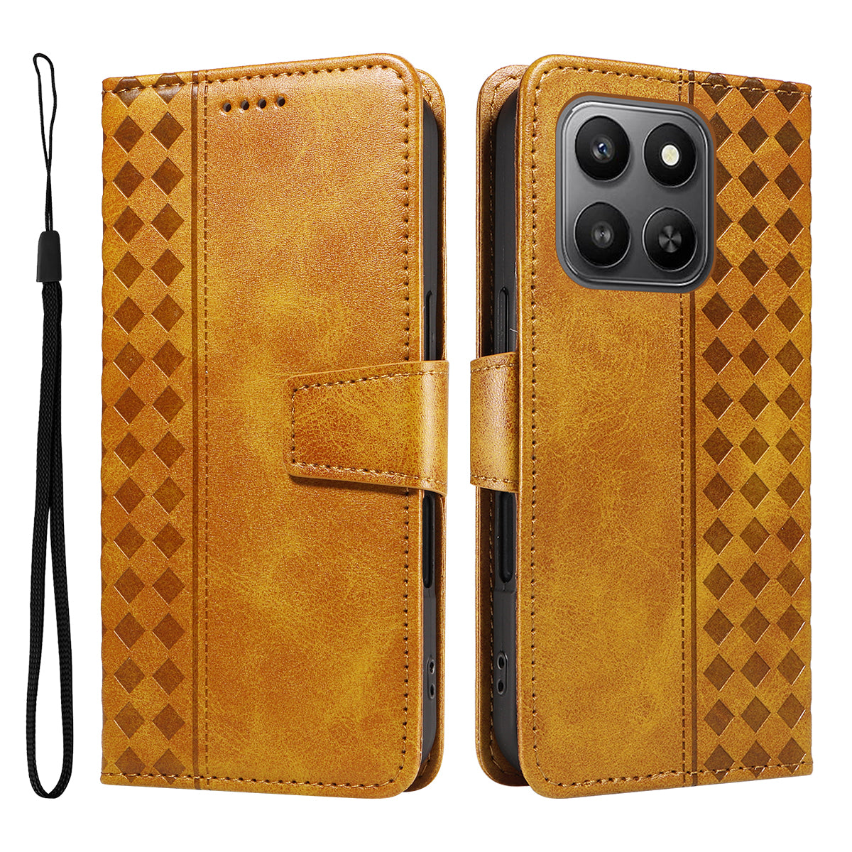 For Honor 400 Smart 4G Leather Case Wallet Stand Grids Imprinted Phone Cover with Strap