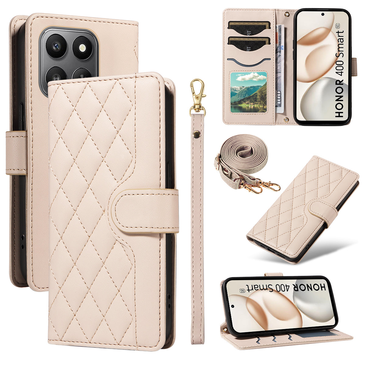 For Honor 400 Smart 4G Wallet Case Rhombus Leather Phone Cover with Strap