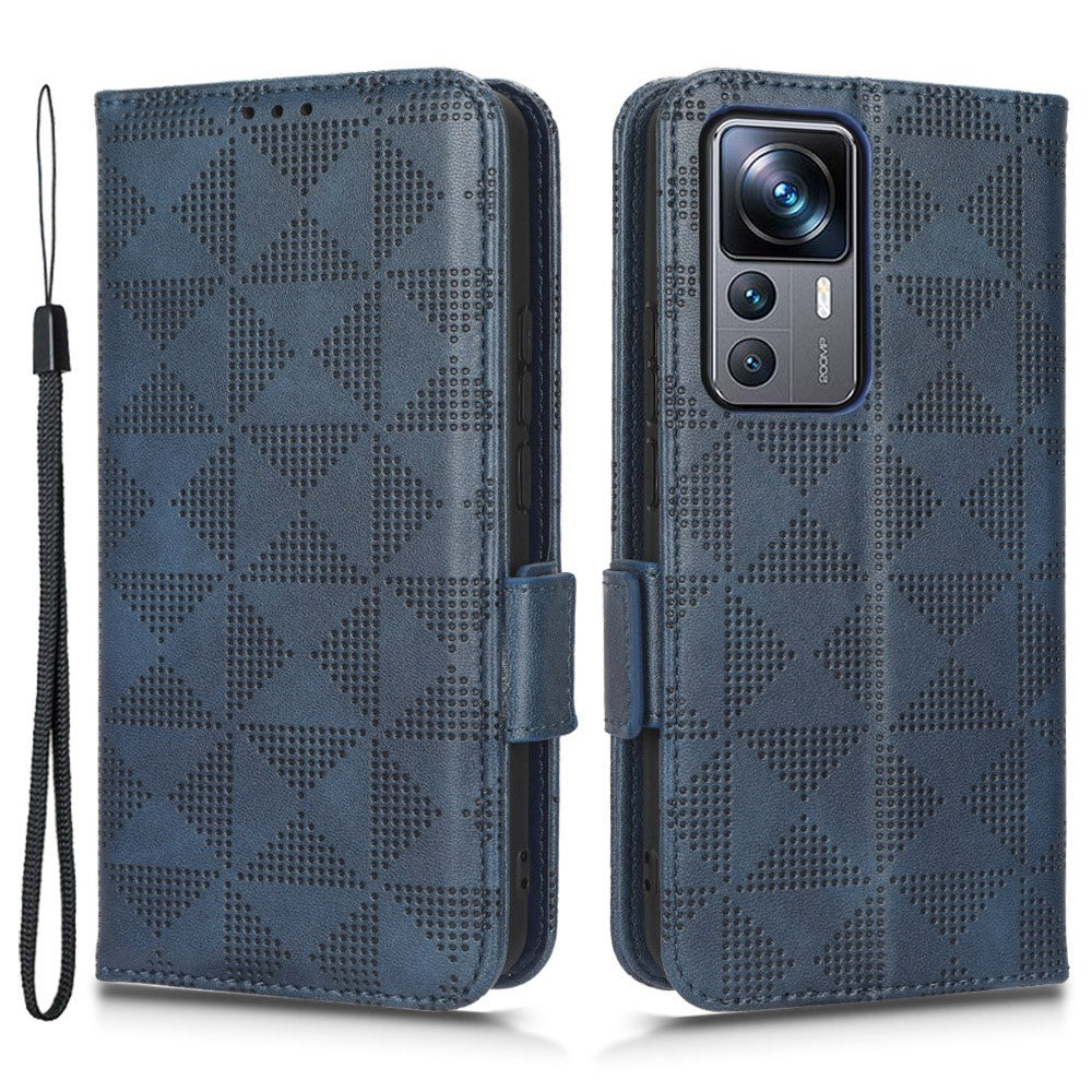 For Xiaomi 12T Pro 5G Imprinted Triangle Pattern Stand Anti-scratch Phone Case PU Leather Flip Wallet Cover with Hand Strap