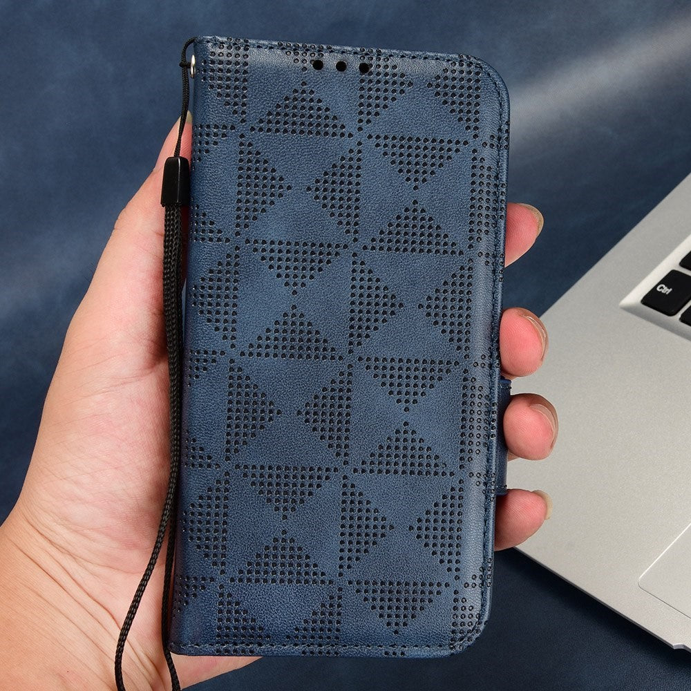For Xiaomi 12T Pro 5G Imprinted Triangle Pattern Stand Anti-scratch Phone Case PU Leather Flip Wallet Cover with Hand Strap