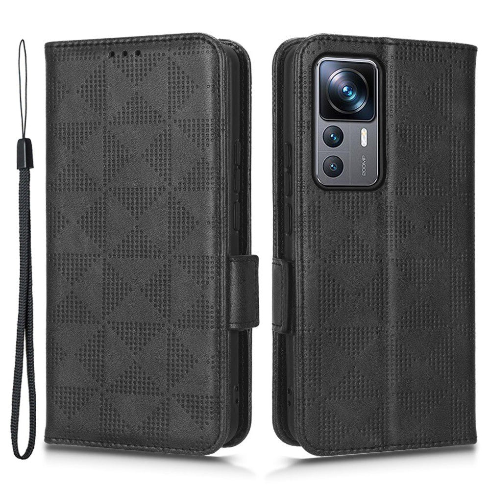 For Xiaomi 12T Pro 5G Imprinted Triangle Pattern Stand Anti-scratch Phone Case PU Leather Flip Wallet Cover with Hand Strap