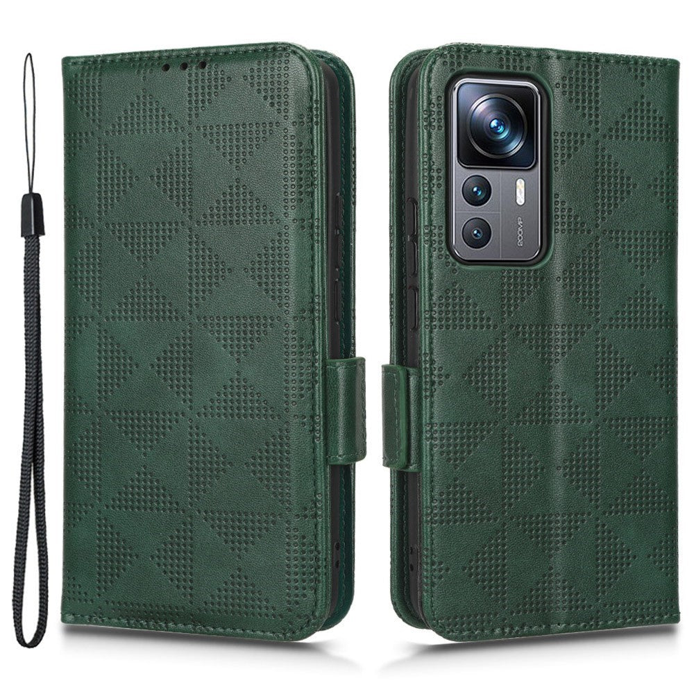 For Xiaomi 12T Pro 5G Imprinted Triangle Pattern Stand Anti-scratch Phone Case PU Leather Flip Wallet Cover with Hand Strap