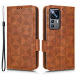 For Xiaomi 12T Pro 5G Imprinted Triangle Pattern Stand Anti-scratch Phone Case PU Leather Flip Wallet Cover with Hand Strap