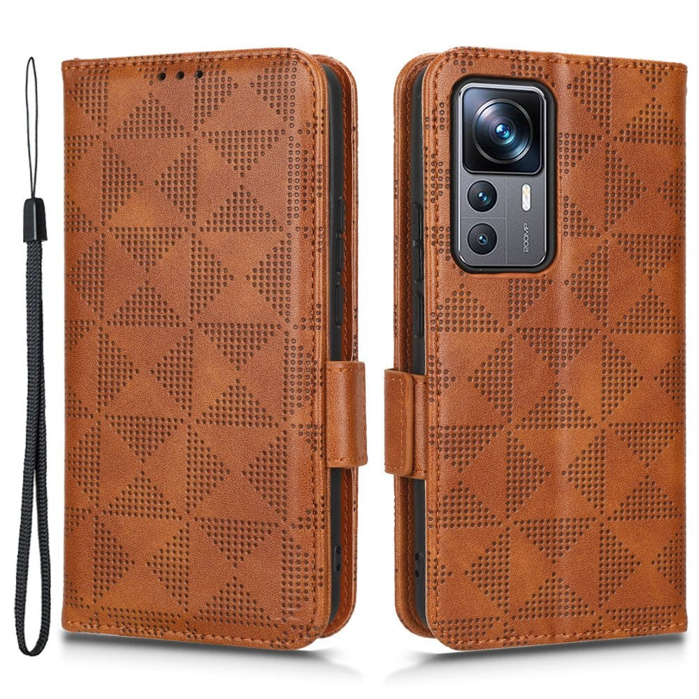 For Xiaomi 12T Pro 5G Imprinted Triangle Pattern Stand Anti-scratch Phone Case PU Leather Flip Wallet Cover with Hand Strap