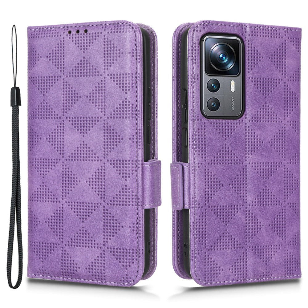 For Xiaomi 12T Pro 5G Imprinted Triangle Pattern Stand Anti-scratch Phone Case PU Leather Flip Wallet Cover with Hand Strap