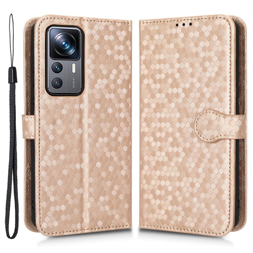 Xiaomi 12T Pro 5G Prickmönster Präglat PU-läder mobilskal Stativ Plånbok Magnetisk Stoppsäkert Flip Folio mobilskal med Rem