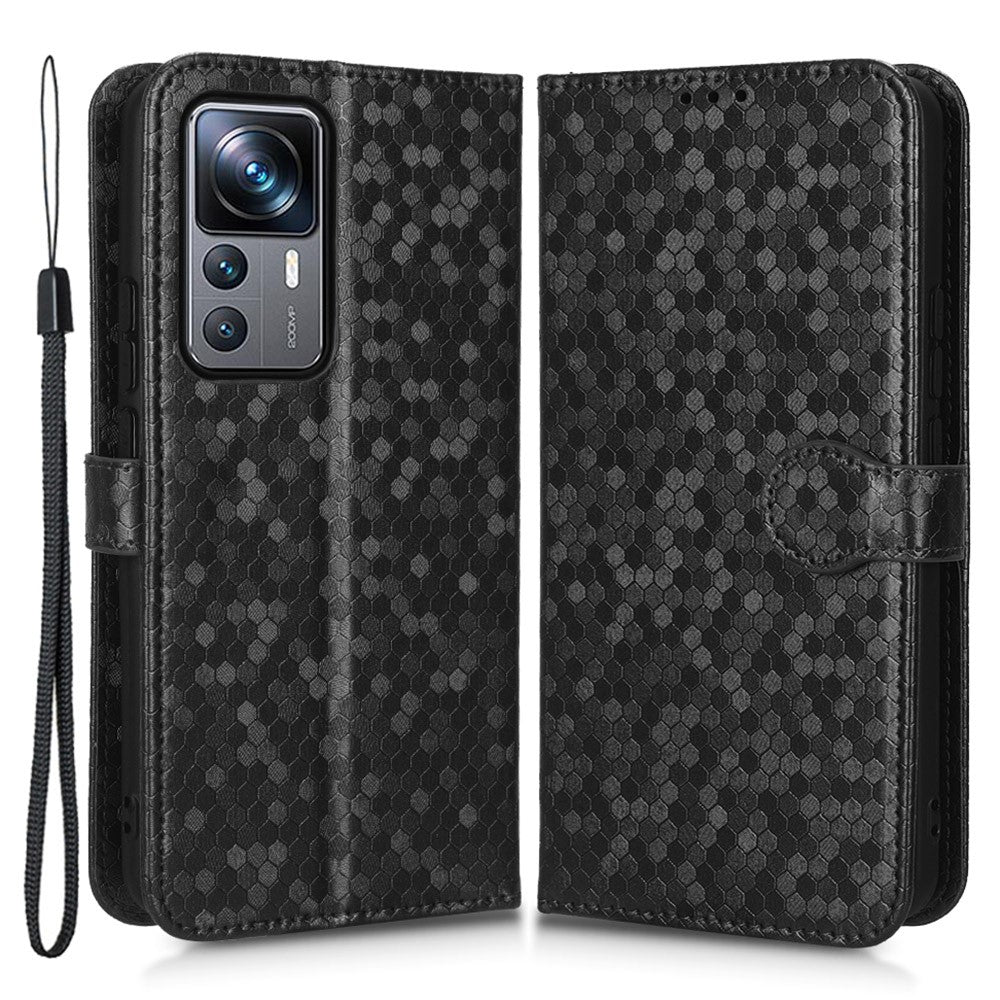 Xiaomi 12T Pro 5G Prickmönster Präglat PU-läder mobilskal Stativ Plånbok Magnetisk Stoppsäkert Flip Folio mobilskal med Rem