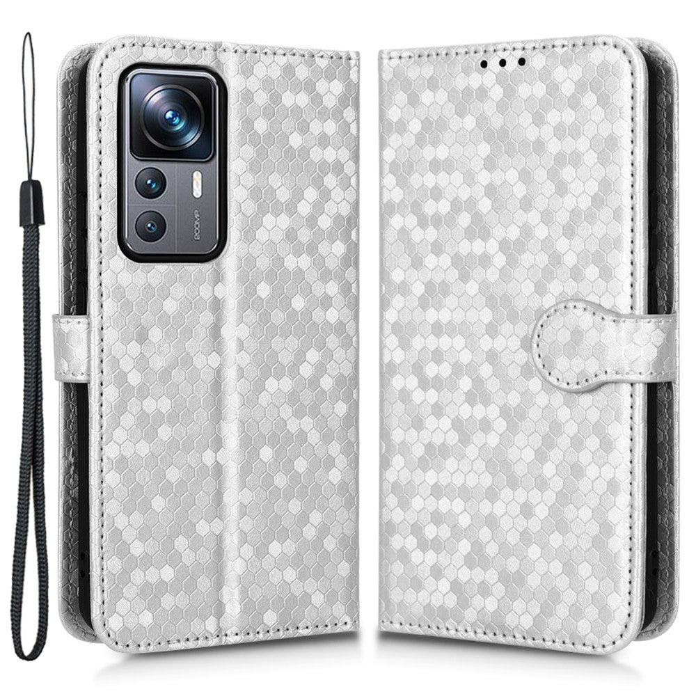 Xiaomi 12T Pro 5G Prickmönster Präglat PU-läder mobilskal Stativ Plånbok Magnetisk Stoppsäkert Flip Folio mobilskal med Rem