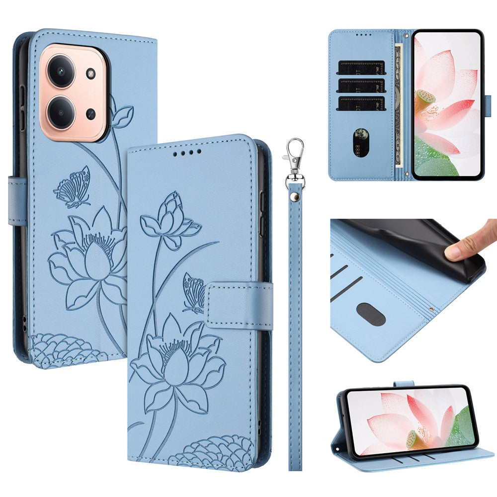 Läderfodral till Xiaomi Redmi 15C 5G (EU) (173 mm) / 4G (EU) (173 mm) / Poco C85 4G (173 mm) Lotus Imprint mobilskal med handledsrem