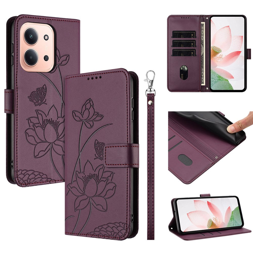 Läderfodral till Xiaomi Redmi 15C 5G (EU) (173 mm) / 4G (EU) (173 mm) / Poco C85 4G (173 mm) Lotus Imprint mobilskal med handledsrem