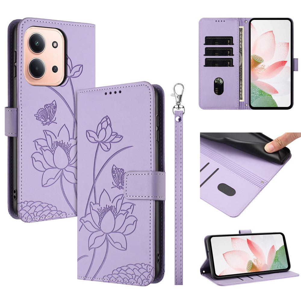 Läderfodral till Xiaomi Redmi 15C 5G (EU) (173 mm) / 4G (EU) (173 mm) / Poco C85 4G (173 mm) Lotus Imprint mobilskal med handledsrem