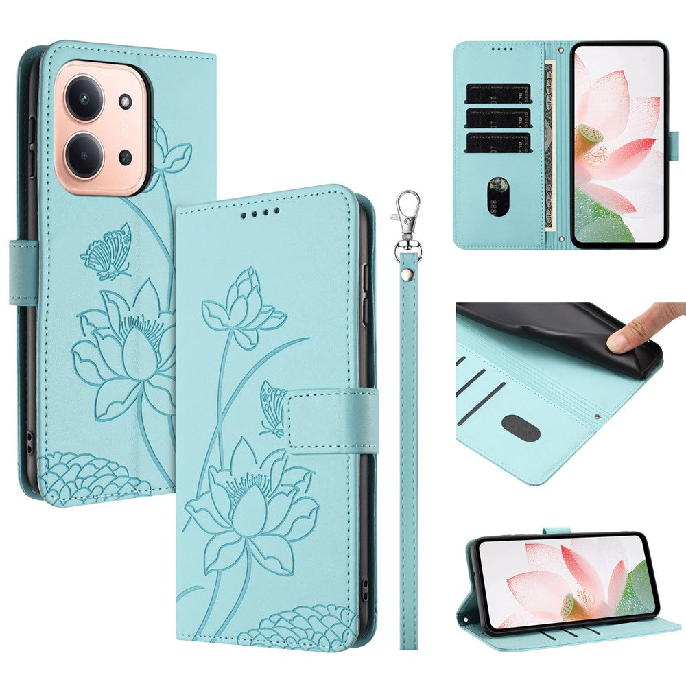 Läderfodral till Xiaomi Redmi 15C 5G (EU) (173 mm) / 4G (EU) (173 mm) / Poco C85 4G (173 mm) Lotus Imprint mobilskal med handledsrem