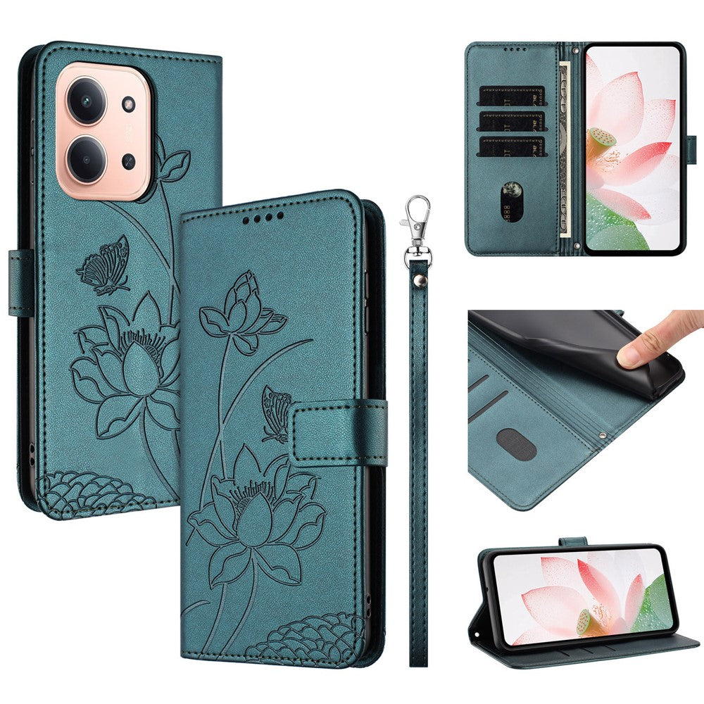 Läderfodral till Xiaomi Redmi 15C 5G (EU) (173 mm) / 4G (EU) (173 mm) / Poco C85 4G (173 mm) Lotus Imprint mobilskal med handledsrem
