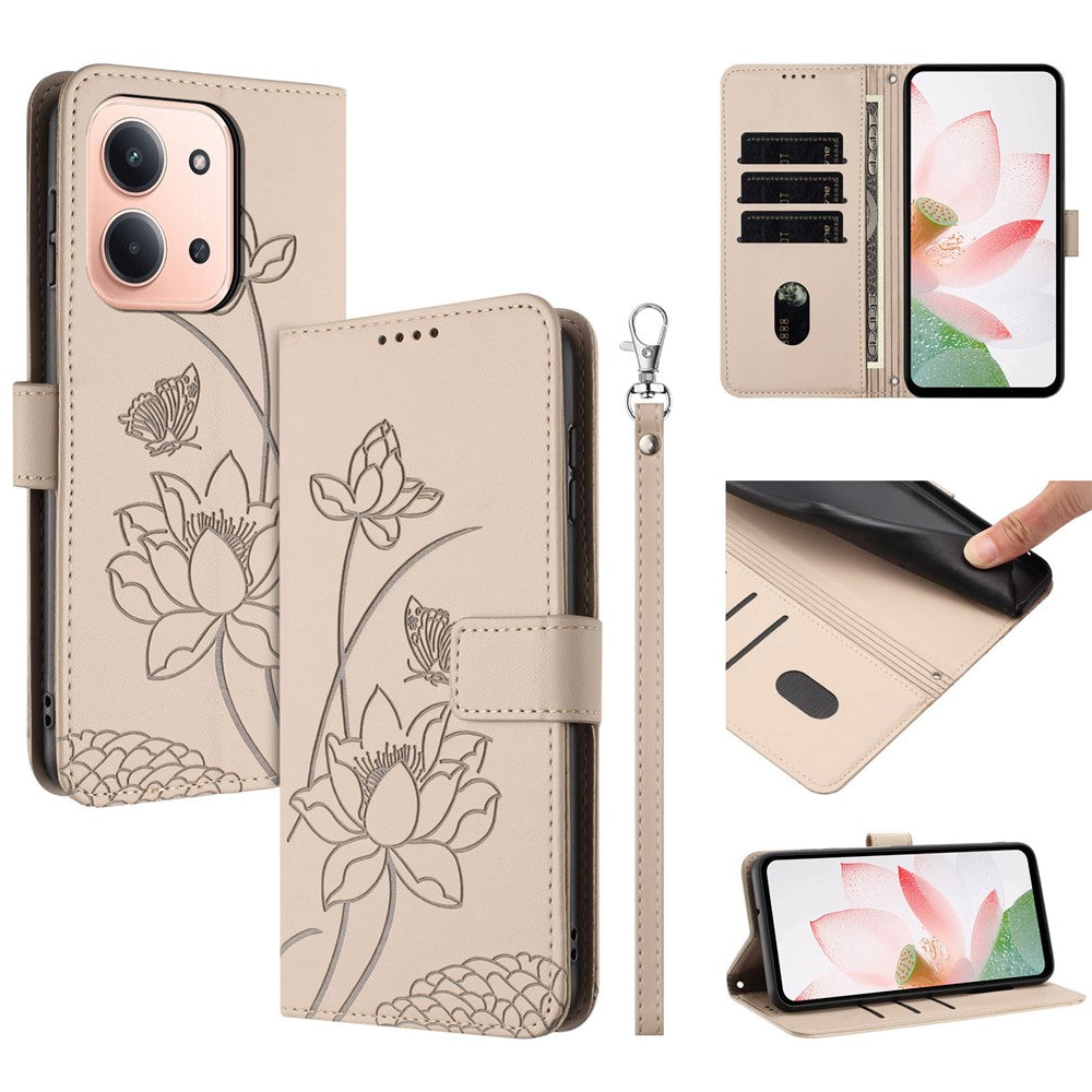 For Xiaomi Redmi 15C 5G (Global) (171mm) / 15C 4G (Global) (171mm) / Poco C85 4G (171mm) Case Wallet Stand Lotus Imprint Leather Phone Cover with Wrist Strap