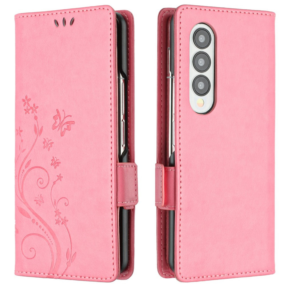 For Samsung Galaxy Z Fold4 5G PU Leather Wallet Case Imprinting Flower Butterflies Magnetic Closure Book Stand Folio Phone Cover