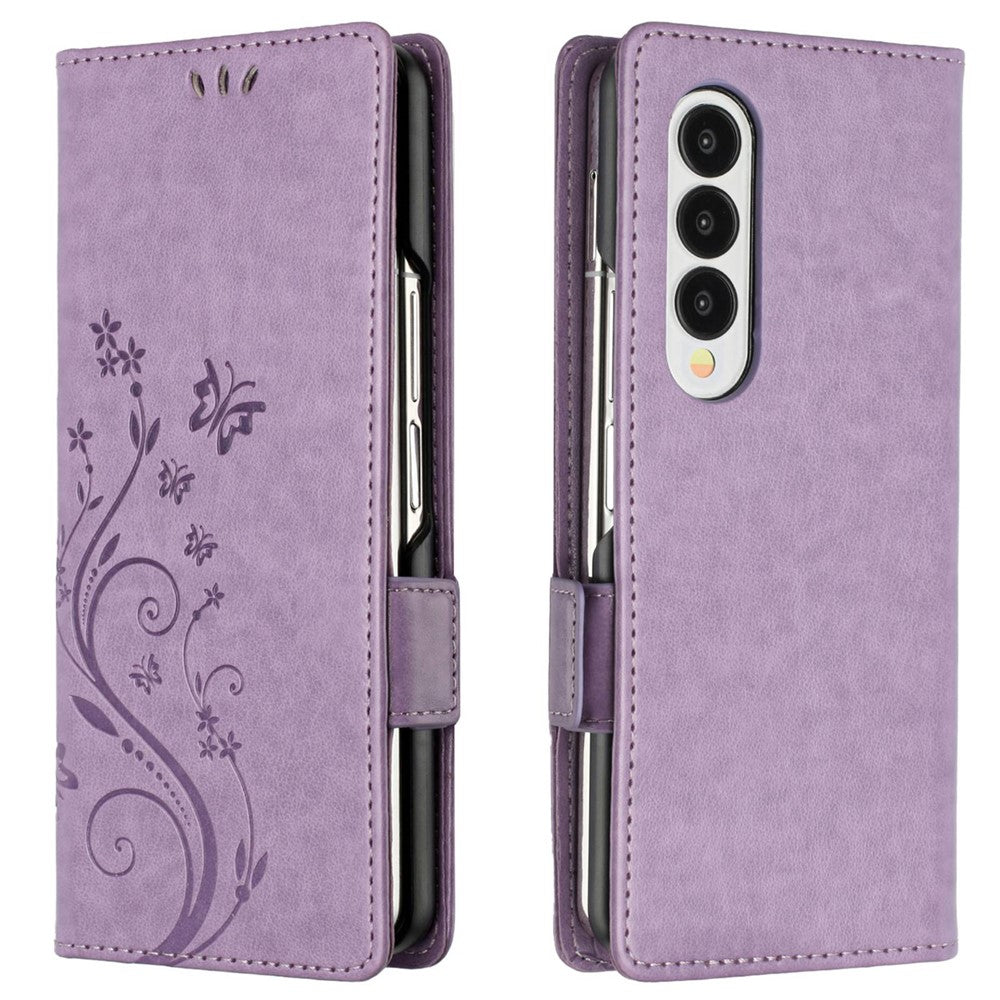 For Samsung Galaxy Z Fold4 5G PU Leather Wallet Case Imprinting Flower Butterflies Magnetic Closure Book Stand Folio Phone Cover