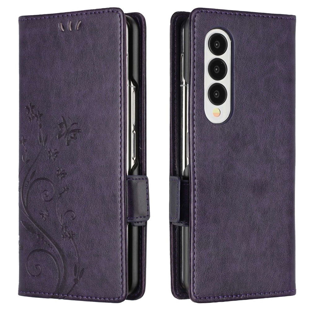 For Samsung Galaxy Z Fold4 5G PU Leather Wallet Case Imprinting Flower Butterflies Magnetic Closure Book Stand Folio Phone Cover