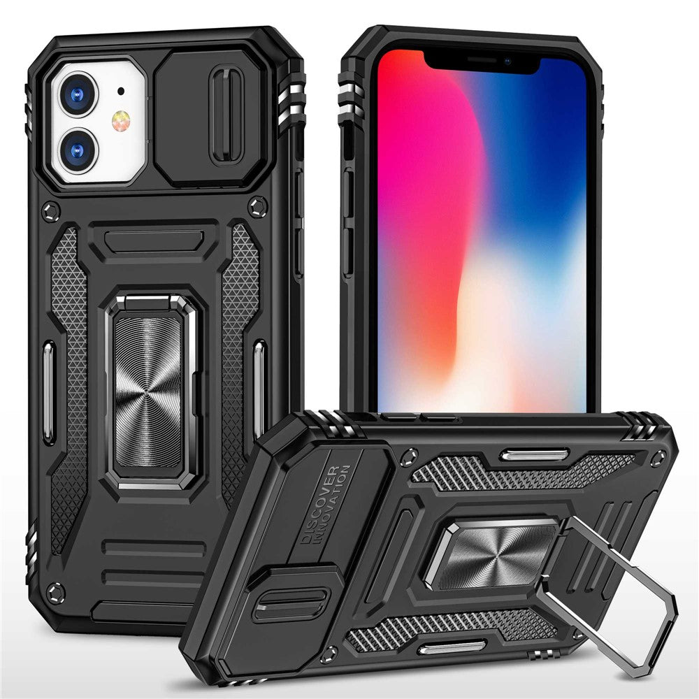 Armor Series til iPhone 11 6,1 tommer Anti-ridse telefoncover med støtteben PC + TPU Beskyttende bagcover med skydbart kameradæksel