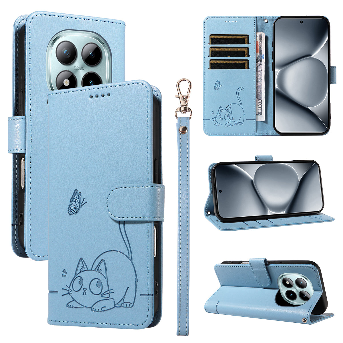 For Xiaomi Poco M8 Pro 5G / Redmi Note 15 Pro+ 5G (Global) Case Cat Pattern Imprint Leather Phone Cover with Wrist Strap