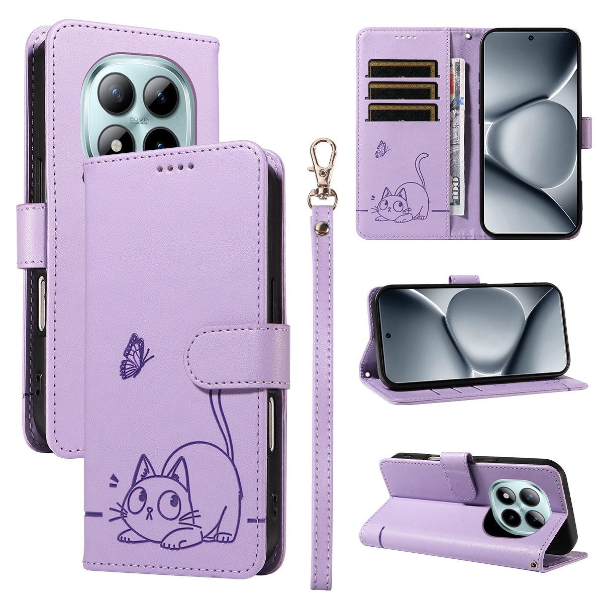 For Xiaomi Poco M8 Pro 5G / Redmi Note 15 Pro+ 5G (Global) Case Cat Pattern Imprint Leather Phone Cover with Wrist Strap